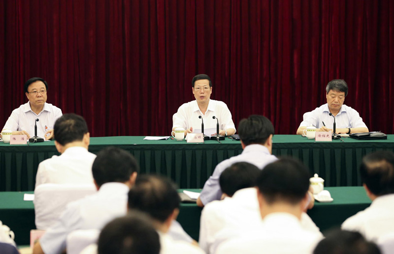 这是7月7日，张高丽在成都听取四川省委关于教育实践活动进展的汇报。 新华社记者丁林摄