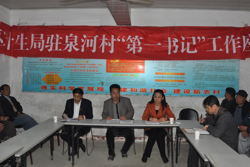图：担任徐州工业园区泉河村“第一书记”的区计生局局长王云屏与该村党员和村民代表座谈交流。